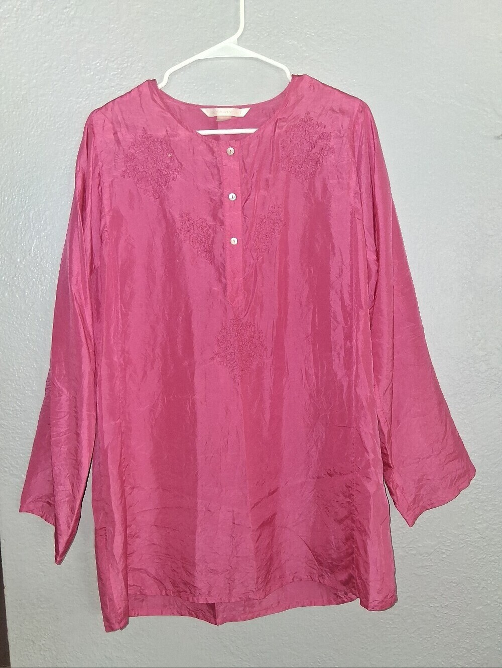 Victorias Secret Vintage 100% Silk Sleep Shirt Embroidered Oversized S Flawed